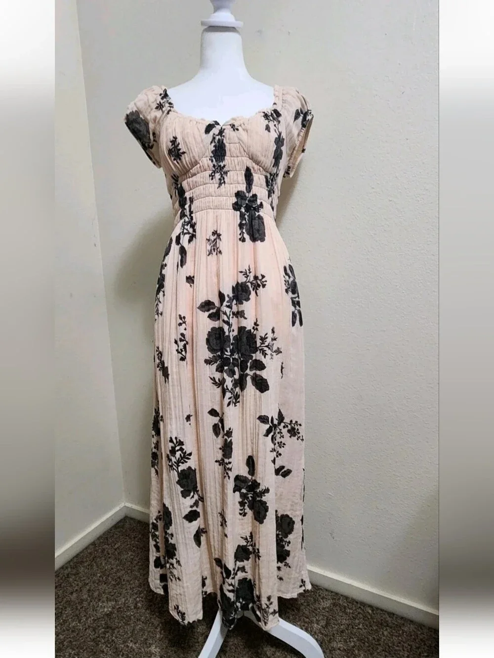 💐Free People Forget Me Not Midi Dress Sz M Peach Floral Cottagecore Smock Boho - Picture 4 of 16
